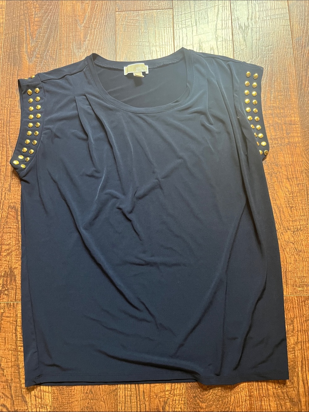 MICHAEL Michael Kors Navy Short Sleeve Top with Gold Studs on Shoulders